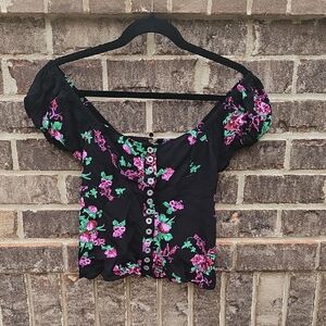 Free People Black Floral Button-Down Top Size XS